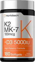Horbäach Vitamin D3 K2 5000 iu | 100mcg MK-7 Complex | 180 Softgel Capsules | Non-GMO & Gluten Free Supplement