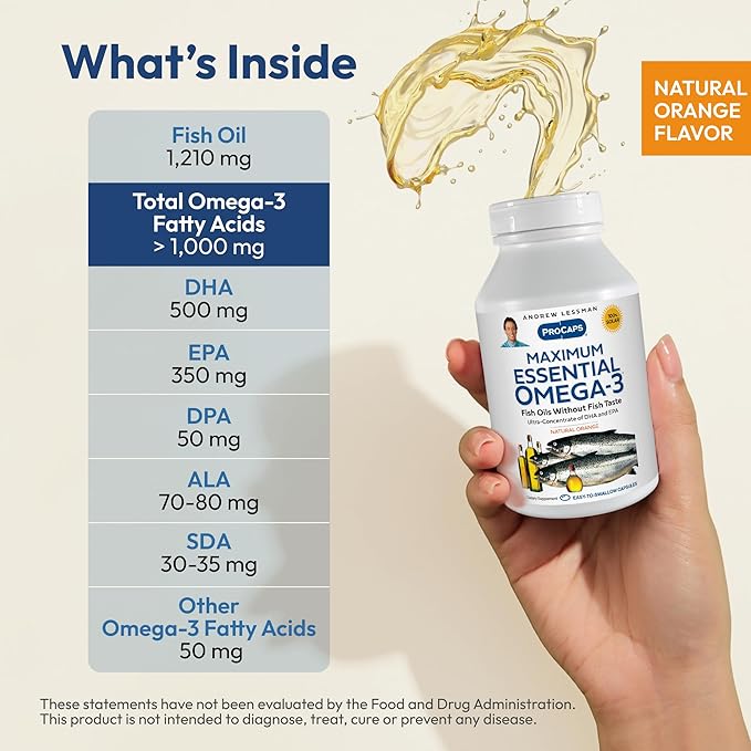 ANDREW LESSMAN Maximum Essential Omega-3 Orange - 180 Softgels - Ultra-Pure, High Potency Omega-3 Oils. High DHA, No Stomach Upset, No Contaminants, No Mercury. Small Easy to Swallow Softgels