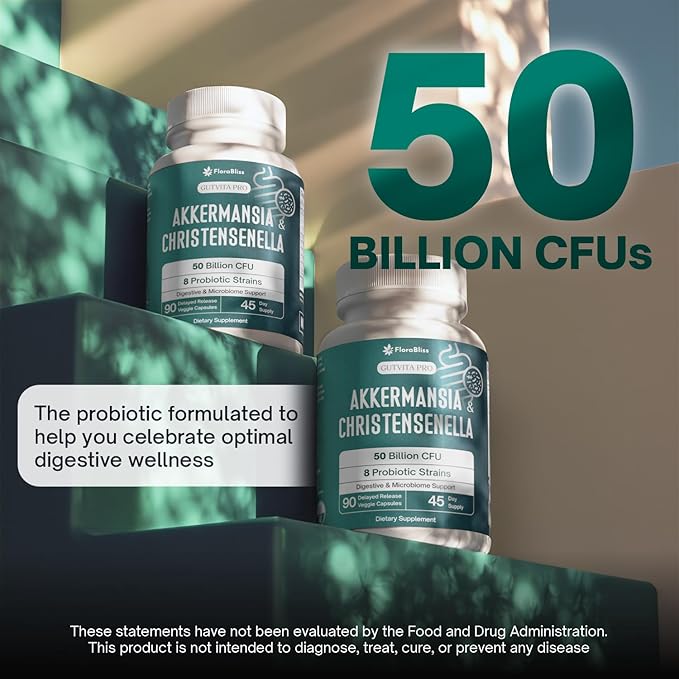 FloraBliss Christensenella Minuta and Akkermansia, Bifidobacterium longum, 8 Probiotic Strains, 50 Billion CFU, 90 Delayed-Release Capsules, with Cranberry Extract