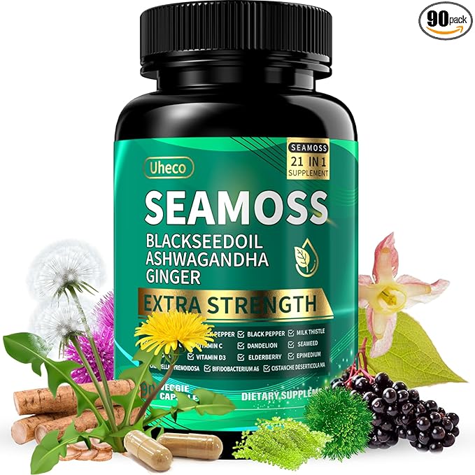 Superfood Advanced Irish Sea Moss Capsules - Sea Moss 21 in 1 Supplement Whit Black Seed, Ashwagandha, Turmeric, Bladderwrack, Burdock - 90 Count
