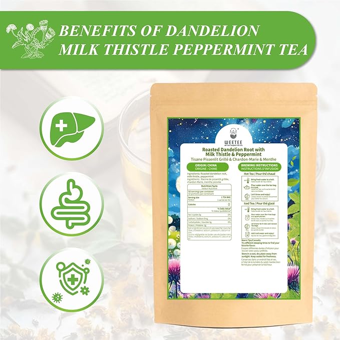 WT WEETEE Roasted Dandelion Root Tea with Milk Thistle and Peppermint, 50 Natural Caffeine-free Herbal Tea Bags for Liver Cleanse