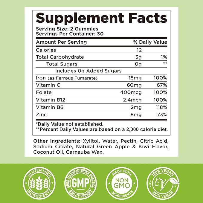 Center-Filled Iron Gummies for Adults & Kids - Iron Supplement with Vitamin B6, B12, C, Zinc, Folate - Support Women Iron Deficiency, Anemia, Blood Builder - Sugar Free Vegan 60ct Apple & Kiwi Flavor