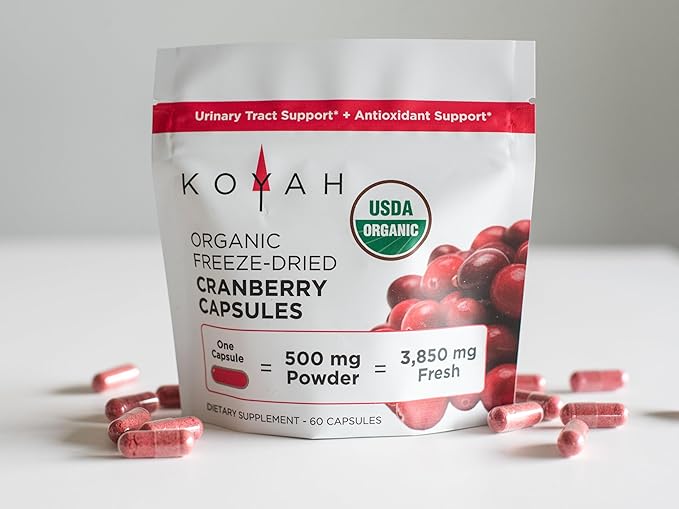 KOYAH - Organic Cranberry Capsules – Freeze-Dried Whole-Berry - 500 mg per Capsule - Urinary Tract Support & Antioxidant Support - 60 Capsules