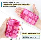 14 GRIDS Travel Pill Organizer Box with Labels - Travel Medicine Case Kit - Pocket Daily Pharmacy Container - Travel Medication Holder Dispenser for Fish Oil Vitamin Supplement Storage - Clear Pink