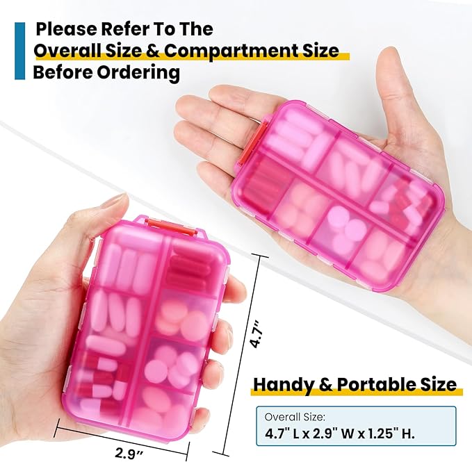 14 GRIDS Travel Pill Organizer Box with Labels - Travel Medicine Case Kit - Pocket Daily Pharmacy Container - Travel Medication Holder Dispenser for Fish Oil Vitamin Supplement Storage - Clear Pink
