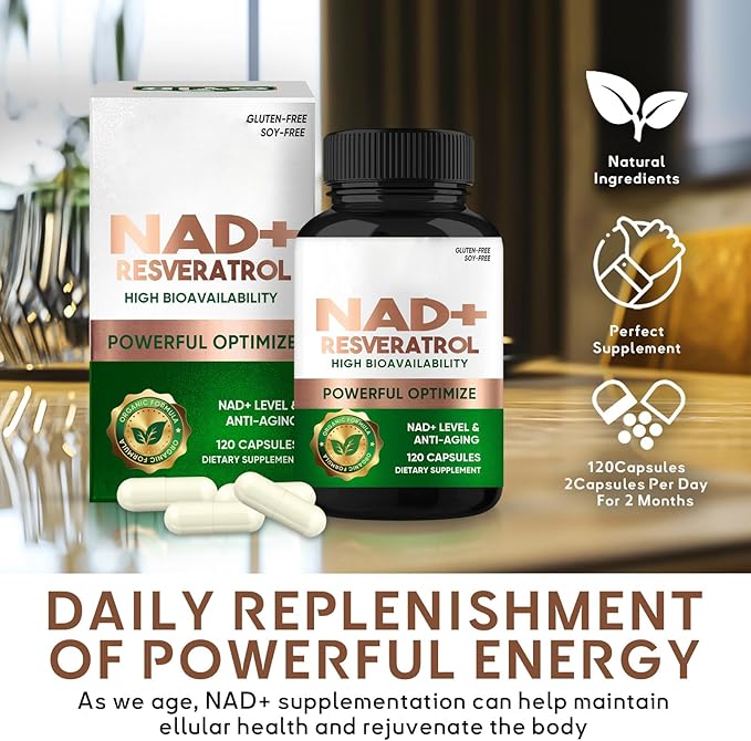 NAD+ Resveratrol Supplement 120 Capsules, Supports Healthy Aging, Cellular Energy, Metabolism & Brain Boost for Men & Women