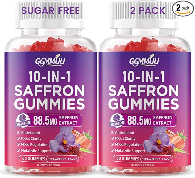 2 Pack Saffron Supplement Gummies, 10-in-1 Cortisol Supplement with Saffron 88.5mg, Magnesium, Rhodiola Rosea, Ashwagandha, L-Theanine, St. John's Wort, for Calm, Focus, Relaxation, 120 Count