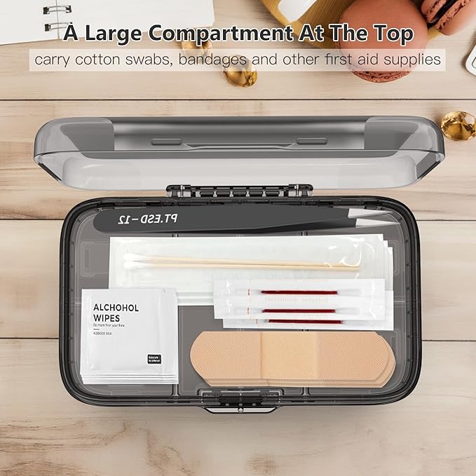 FYY Weekly Pill Organizer with Labels,8 Compartments Travel Daily Pill Case Airtight Moistureproof Large Pill Box to Hold Vitamins, Fish Oil, Supplements,Cotton Swab and Bandages-Black