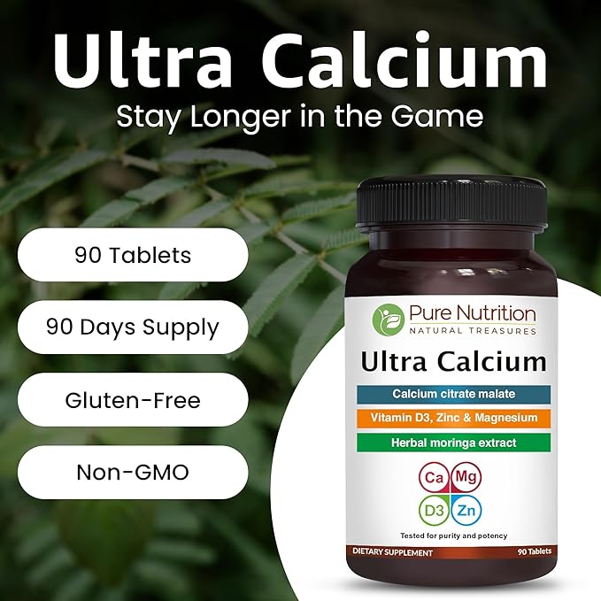 Pure Nutrition Ultra Calcium 1000mg with VIT D3 + K2 | 90 Tab | Calcium Supplement with Calcium Citrate Malate, VIT D3, K2, Moringa Oleifera, Magnesium and Zinc.
