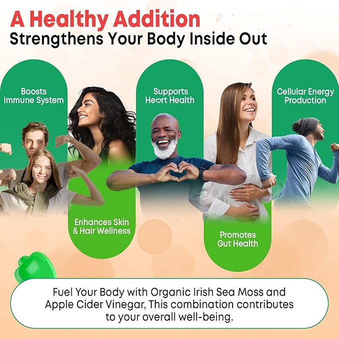 2 Pack Apple Cider Vinegar Gummies, ACV with Sea Moss Gummies for Metabolism, Digestion, Detox, Gut & Immune Health, Apple Flavored -120 Count