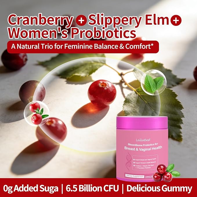 Vagina & Breast Probiotic Gummies for Women,with Slippery Elm Cranberry Extract,Supports Women’s Wellness & PH Balance,Clean,60 Gummies