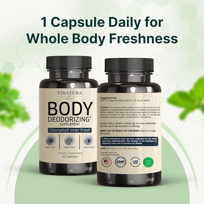 VINATURA Body Deodorizing Supplement for Women - Magic Chlorophyll Pills for Body Odor Eliminator, it Works for Her Internal Deodorant, 30 Capsules