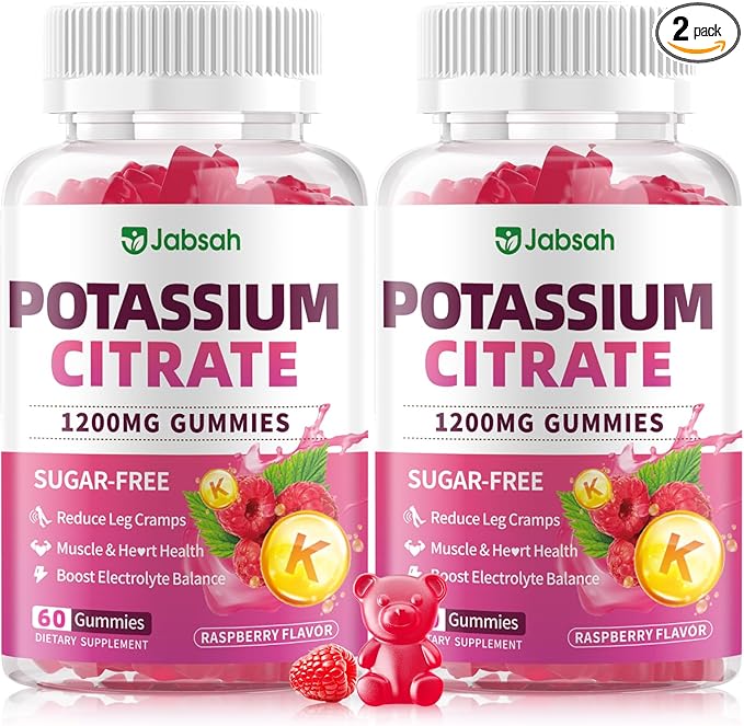 Potassium Citrate Gummies 1200mg, Sugar-Free Potassium Supplement for Adults Women & Men, Supports Leg Cramps & Muscle & Heart Health, Vegan, Gluten Free - Raspberry Flavor (120 Count)