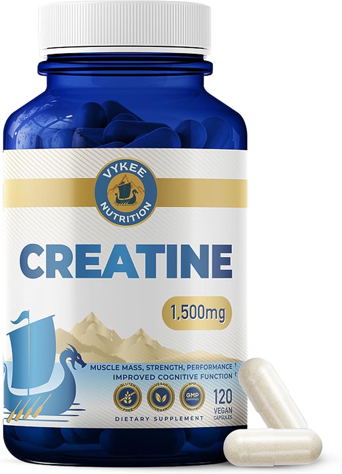 Vykee Nutrition Creatine Monohydrate Capsules 1,500 mg - Daily Creatine Supplement for Muscle Strength Training, Endurance, and Workout Performance Support - Vegan, Non-GMO - 120 Capsules