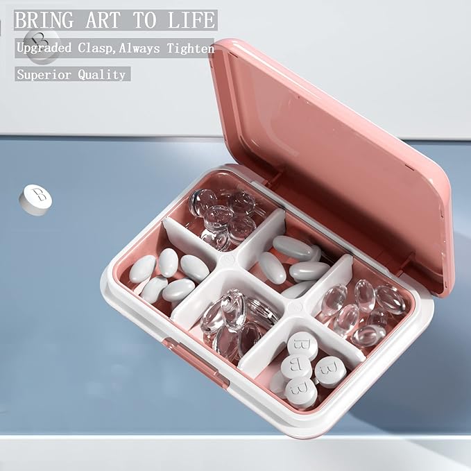 DUBSTAR Travel Pill Organizer Moisture Waterproof Small Pill Box for Pocket Purse 4+6 Compartments Portable Pill Case Medicine Vitamin Holder Container Pink