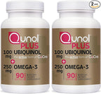 Qunol Plus Ubiquinol CoQ10 100mg with Omega 3 Fish Oil 250mg,Extra Strength Antioxidant Supplement,90 Count (Pack of 2)