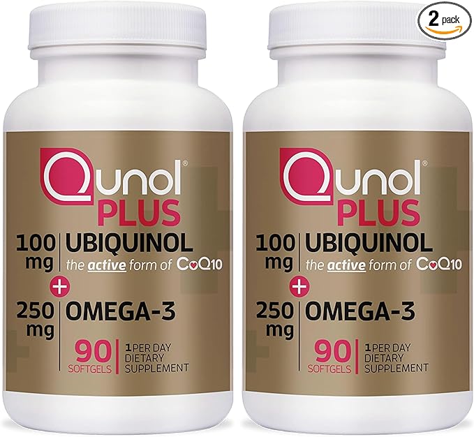 Qunol Plus Ubiquinol CoQ10 100mg with Omega 3 Fish Oil 250mg,Extra Strength Antioxidant Supplement,90 Count (Pack of 2)