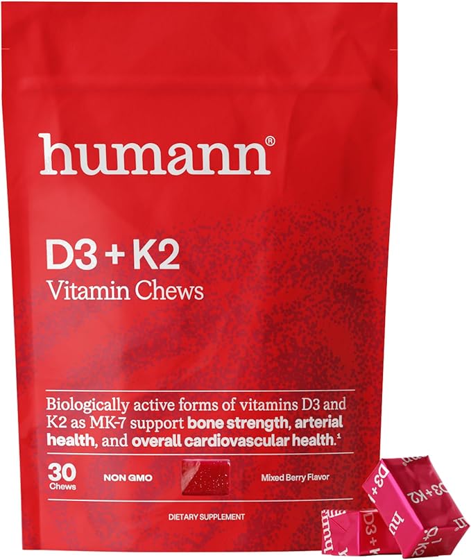 Humann Vitamin D3 + K2 Chews - High Potency Vitamin D 5000iu (125mcg) Helps Support Healthy Mood, Immunity, Cardiovascular, Respiratory Health & Bone Health, Mixed Berry Flavor, 30 Count