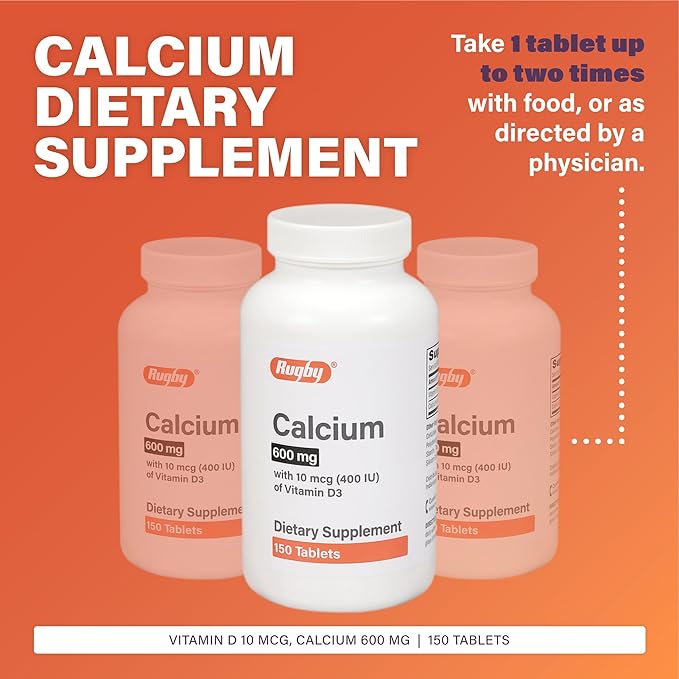 Rugby 600 mg Calcium Tablets - Made with 10 mcg (400 IU) of Vitamin D3 - Dietary Supplement - 150 Tablets
