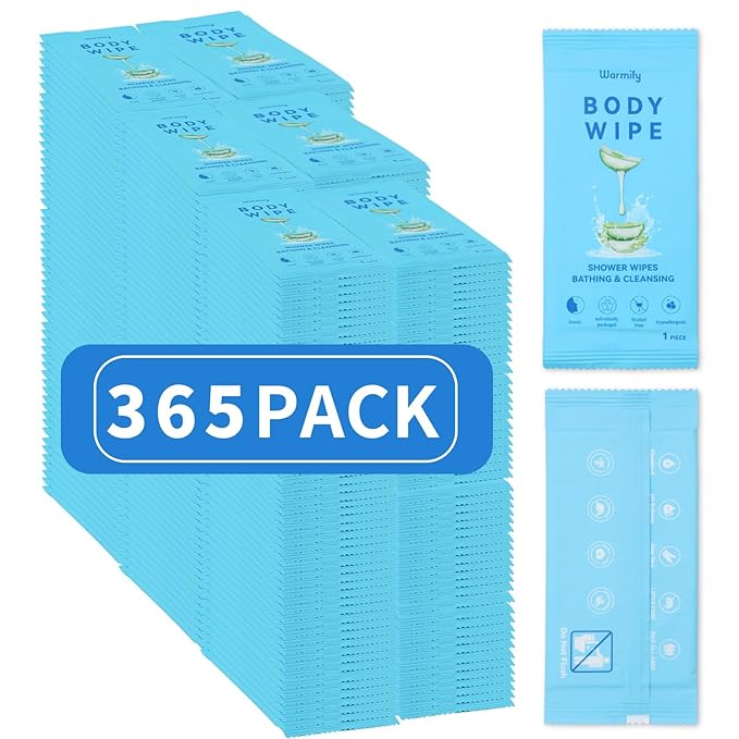 365 Pcs Body Wipes Individually Wrapped (9.29" x 8"), Large Shower Wipes for Adults Bathing No Rinse, Portable Personal Cleansing for Gym, Camping, Hiking, Backpacking,Bulk Homeless Supplies