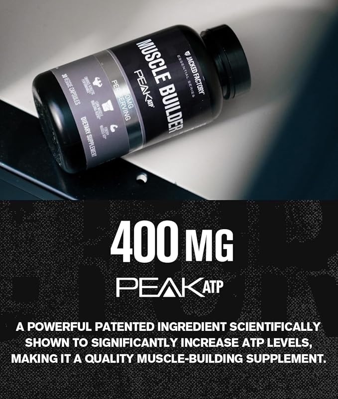 Jacked Factory Essentials Muscle Builder - ATP Muscle Builder for Men with Peak ATP to Support Muscle Gain, Enhance Athletic Performance, & Increase Strength - 30 Capsules
