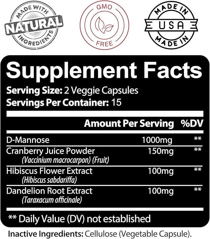 Kaya Naturals - D-Mannose - Urinary Tract UT Cleanse & Bladder Health - Made with Cranberry, Hibiscus & Dandelion Root - D Mannose Capsules Cranberry Supplement - 30 Veggie Capsules