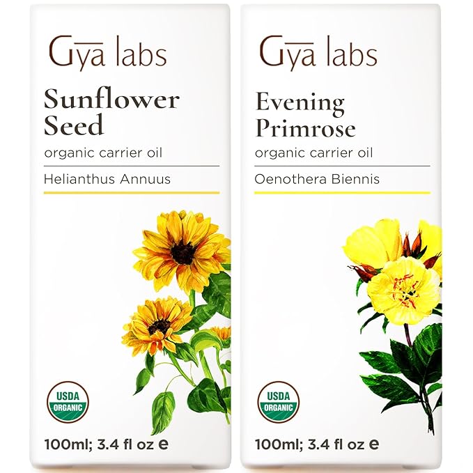 Gya Labs Organic Sunflower Oil For Skin & Evening Primrose Oil for Dry Skin Set - Aromatherapy Grade Essential Oils Set - 2x3.4 fl oz