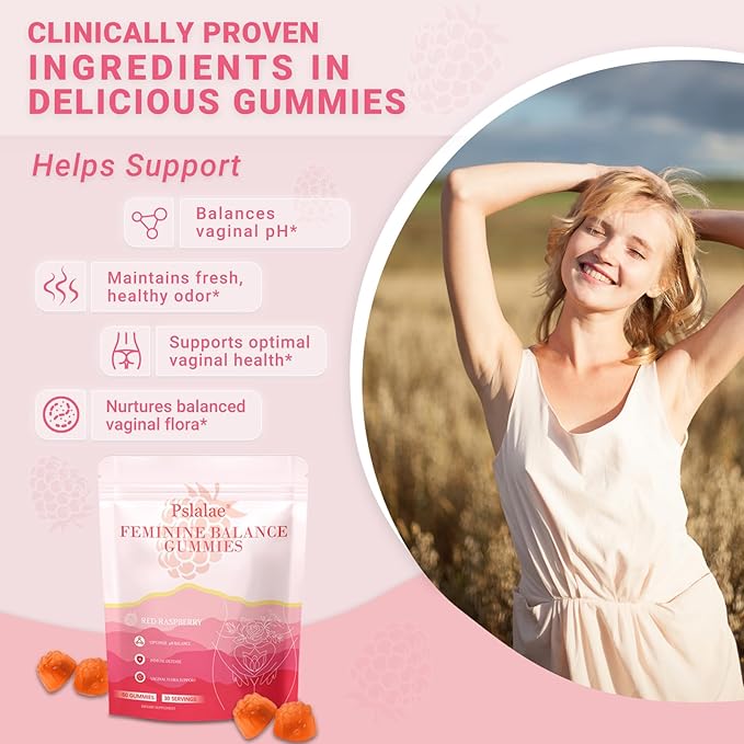 Premium Feminine Balance Gummies for Women – Raspberry Flavor – pH Balance, Immune & Digestive Support – Vegan, Gluten-Free – 60 Gummies (30-Day Supply)