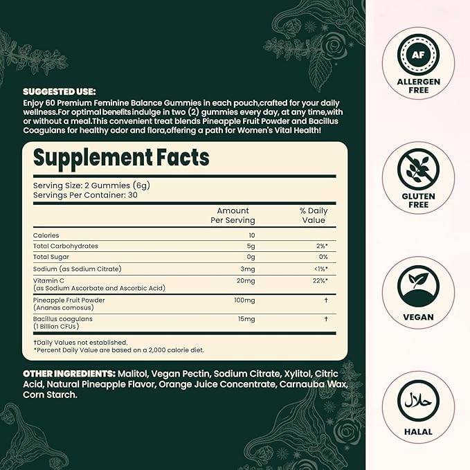 Vital Source Feminine Balance Gummies, Gluten-Free, Vegan, Hawaiian Pineapple Flavor(1 Pack 60 Count)