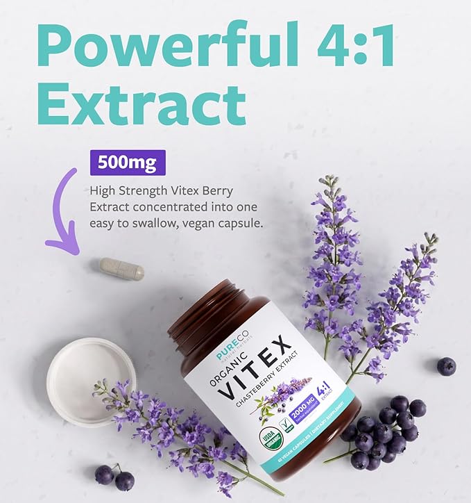 Organic Vitex Chasteberry Supplement for Women - High Strength Chaste Tree Berry Extract Supports Hormone Balance for Women from PMS to Menopause - Filler Free Vegan & Non-GMO (2 Month Supply)