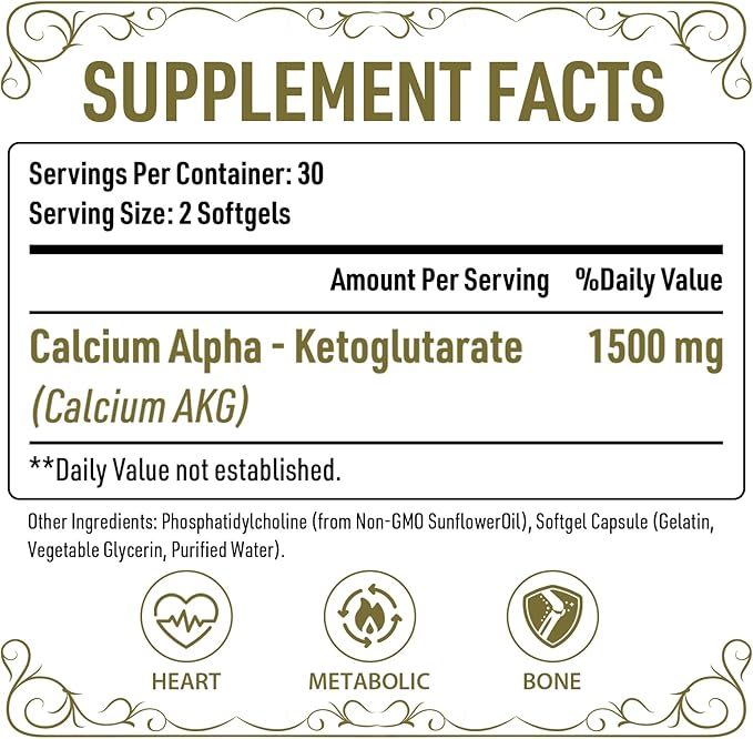 Liposomal Calcium AKG Supplement 1500 MG (Alpha-Ketoglutaric Acid), More Effective Than AAKG, Ca AKG for Longevity, Age Defense, Cellular Energy, Metabolic Function, 60 Softgels