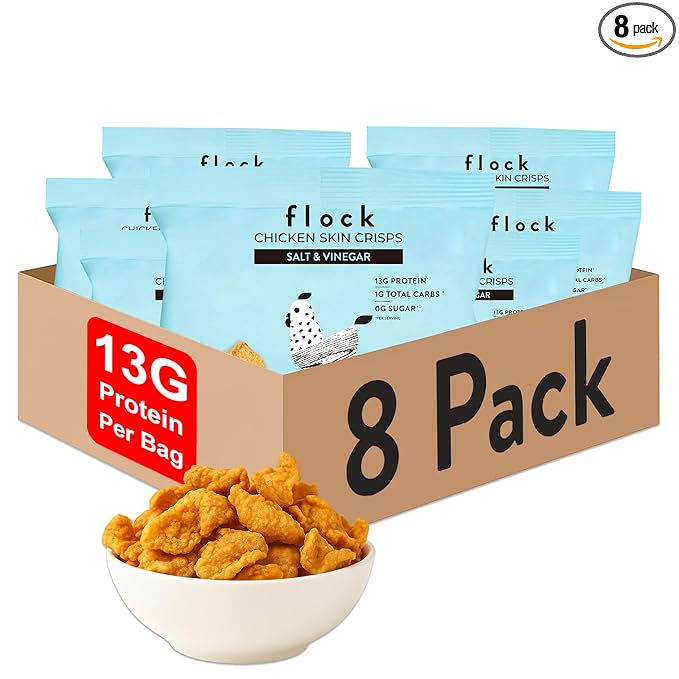 Flock Keto Chicken Skin Chips | Salt and Vinegar Flavor | Low Carb, High Protein, Gluten-Free Chicken Crisps, Keto Snack, Low Carb Chips, Protein Crackers, Diet Snacks, 8-Pack (1oz)