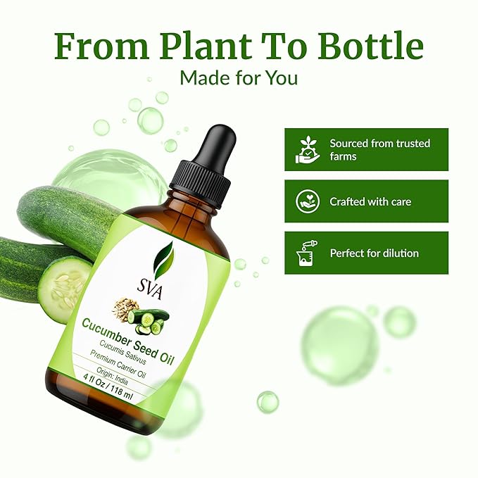 SVA Cucumber Seed Oil - 4 Fl Oz – 100% Natural Cold Pressed Cucumber Oil - for Face, Skin Care, Hair Care, Scalp Massage & Body Massage – Carrier Oil with Dropper