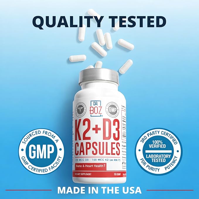 Dr. Boz - K2+D3 Capsules, 66 Servings - Vitamin D3 K2 Supplement with BioPerine - Bone & Heart Health - Enhanced Absorption - Quality Tested - Made in the USA - 5000iu (D3) - 4000iu (K2) - Self Care