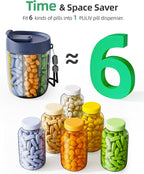 PULIV Large Supplement Organizer Bottle, Holds Plenty of 6 Various Vitamins in 1 Pill Dispenser with Anti-Mixing & Wide Openings Design, Easy to Retrieve Meds, Includes 20 Pcs Labels Silver Gray