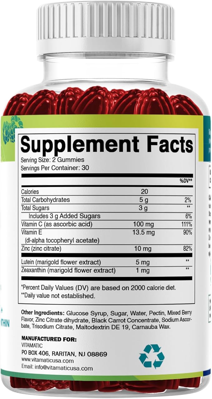 Vitamatic Eye Health Gummies with Lutein, Zeaxanthin, Vitamin C, E & Zinc – Mixed Berry Flavor – 60 Gummies –Non-GMO, Gluten-Free