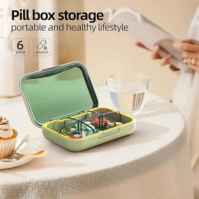 Portable Pill Box, Pill Organizer with 6 Compartments, Daily Medicine Pill Case, Pocket Size Pill Box for Travel, BPA Free Small Pill Container for Vitamins, Fish Oil, Supplements (Green)