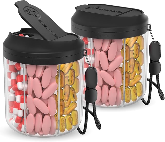 HIONXMGA Pill Dispenser with 7 Large Compartments, 4.4" H x 3.6" Dia Pill Bottle Organizer for Travel,Supplement Organizer with Anti-Mixing Design,BPA-Free Pill Container with 20 Pcs Labels Black 2pcs