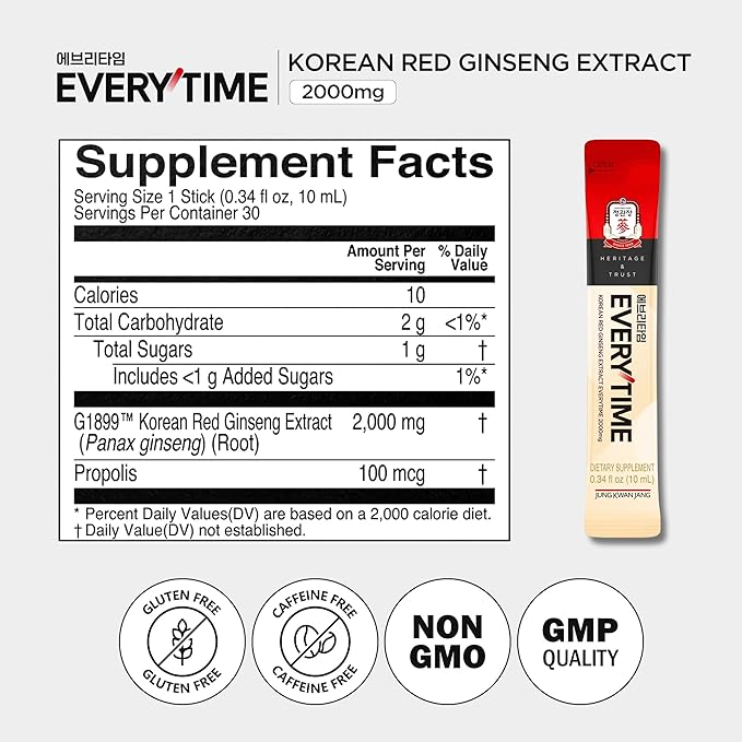 JUNG KWAN JANG Everytime Korean Red Ginseng Extract Stick 2,000mg Signature - Adaptogen Energy Drink, Liquid Stick Supplements with Propolis - Energy Boost & Immune Support, Caffeine Free (30 Sticks)