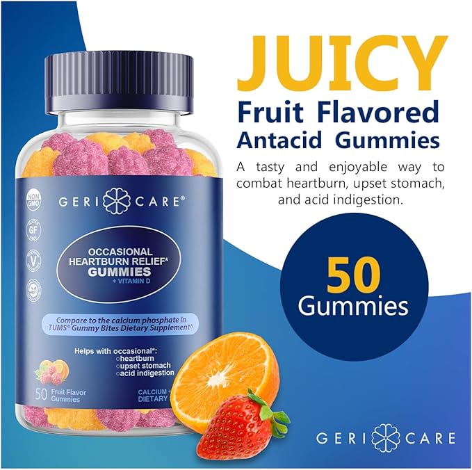 GeriCare Antacid with Vitamin D Gummies, Compare to TUMS Gummy Bites, Fruit Flavor, 50 Count, Non-GMO, Gluten-Free, Vegan, Naturally Sourced for Heartburn, Upset Stomach & Acid Indigestion (2 Pack)