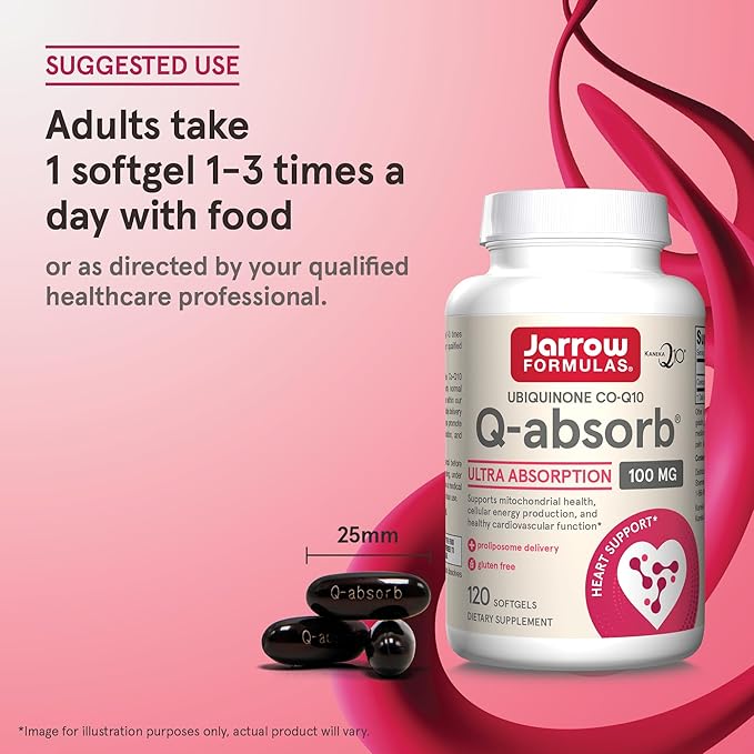 Jarrow Formulas Q-absorb Ubiquinone Co-Q10 100 mg, Dietary Supplement, Antioxidant Support for Mitochondrial Health, Cellular Energy Production and Cardiovascular Health, 120 Softgels, 120 Day Supply