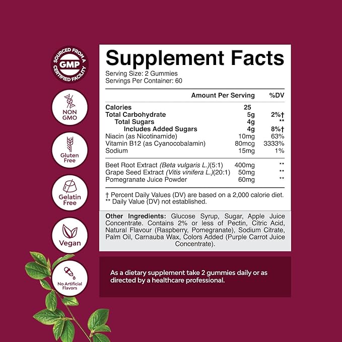 Flow Boosting Beet Root Gummies - Invigorating Beet Gummies for Adults Nitric Oxide Energy & Heart Health Support with Grapeseed Pomegranate & Vitamin B12 - Vegan Non-GMO & Gluten Free - 120 Count