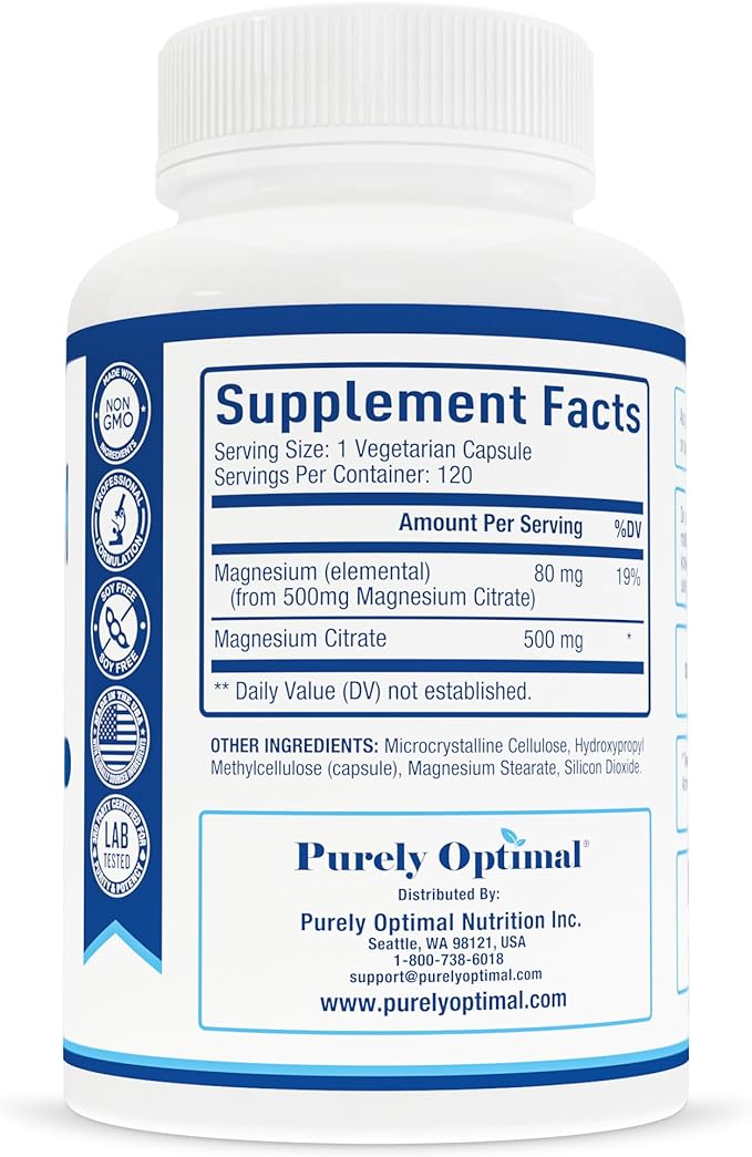 Purely Optimal Magnesium Citrate 500mg – Magnesium Supplement for Digestive Health, Gentle Constipation Relief, Muscle & Sleep Support, Calm & Relaxation – High Absorption, 120 Easy-to-Swallow Caps