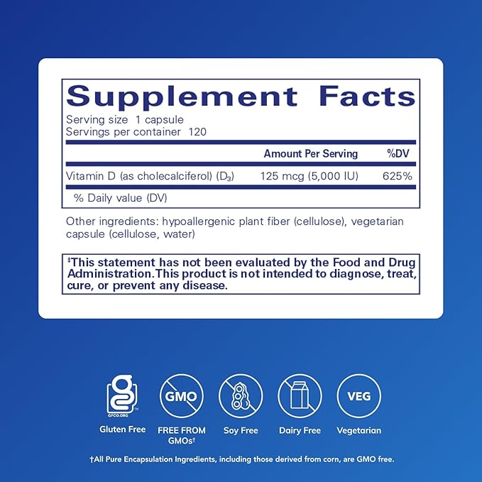 Pure Encapsulations Vitamin D3 125 mcg (5,000 IU) - Supplement to Support Bone, Joint, Breast, Heart, Colon, and Immune Health* - with Vitamin D - 120 Capsules