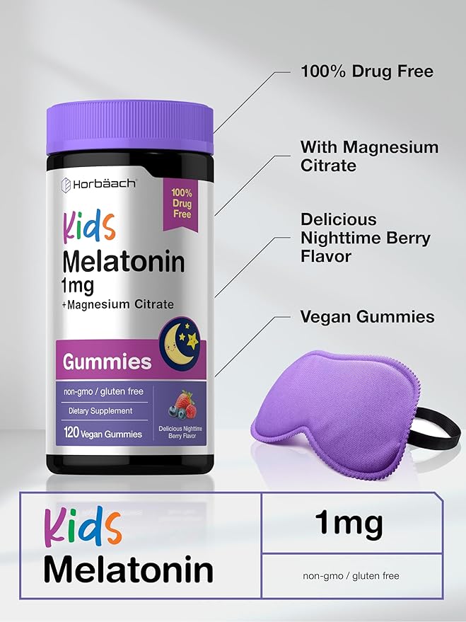 Horbaach Kids Melatonin & Magnesium | 120 Vegan Gummies | Berry Flavor | 100% Drug Free | Non-GMO and Gluten Free