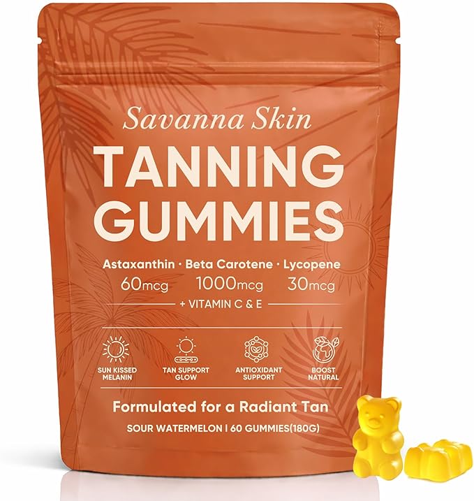 Savanna Skin Tanning Gummies, Astaxanthin, Beta Carotene & Lycopene Blend with Vitamins C & E, Radiant Healthy Skin, Sour Watermelon Flavor, Vegan & Sugar-Free, 60 Count