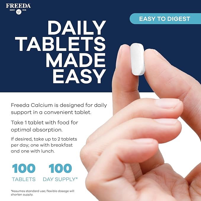 FREEDA Calcium 600 mg – Bone, Joint and Teeth Support – 600mg Pure Calcium Supplements for Women & Men – Healthy Muscle and Nerve Function – GF, Easy-to-Swallow Coated Tablets (100 Ct)