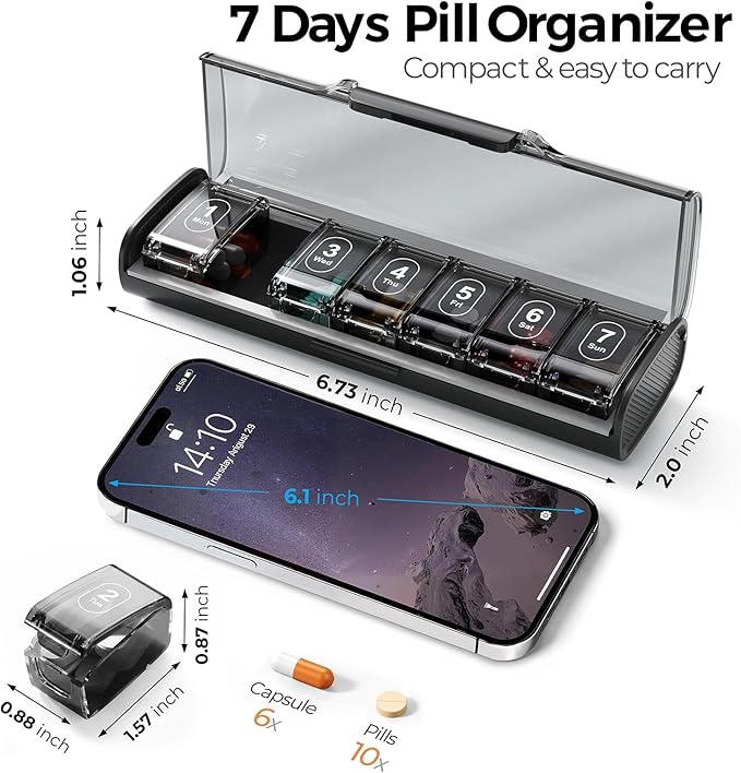 Weekly Pill Organizer,Portable 7 Day Pill Box,Moisture Proof Medicine Pill Organizer,Travel Pill Case with BPA-Free Material,Pocket-Size for Supplements & Vitamins (Black)