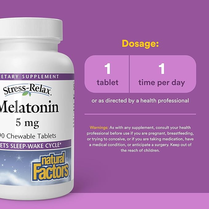 Stress-Relax Melatonin 5 mg by Natural Factors, Natural Sleep Aid, Resets the Sleep-Wake Cycle, 90 chewable tablets (90 servings), Peppermint Flavor
