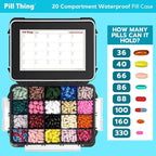 20 Compartment UV Protected Large Black Pill Case with Airtight Seal, Spill Proof, Silicone Gasket Waterproof Med Box with Medication Map (Black, 2 Pack)